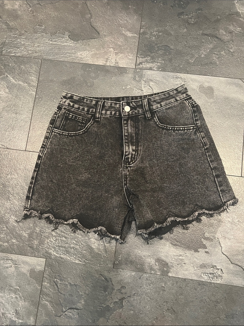 High-Rise Black Washed Denim Shorts with scalloped Frayed Hem